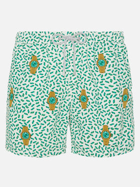 Mid-length striped Gustavia swim-shorts with watches embroidery