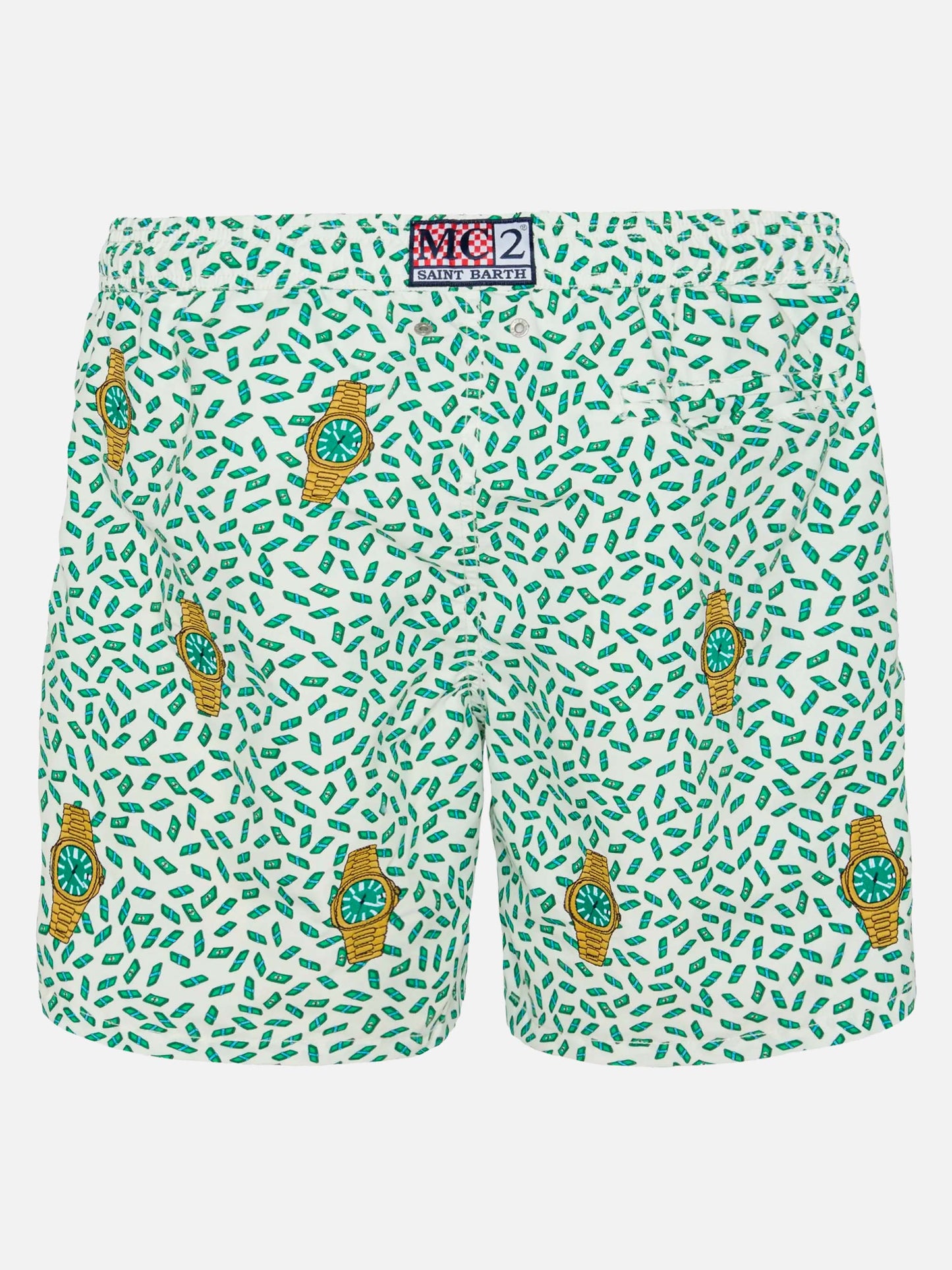 Mid-length striped Gustavia swim-shorts with watches embroidery