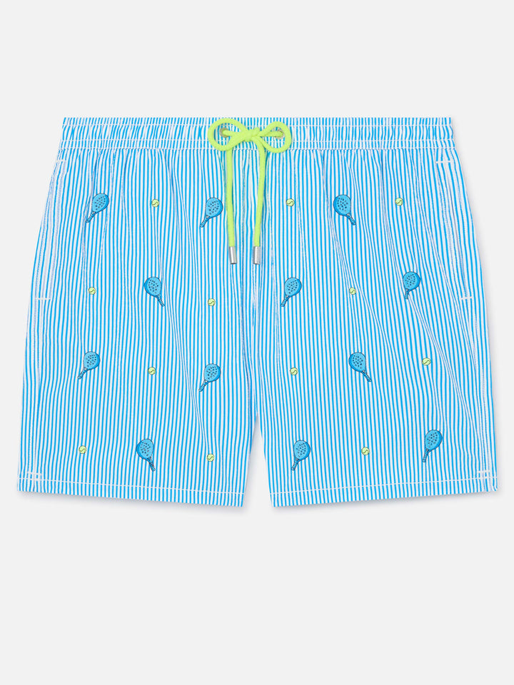 Gustavia seersucker striped swim shorts with embroidery