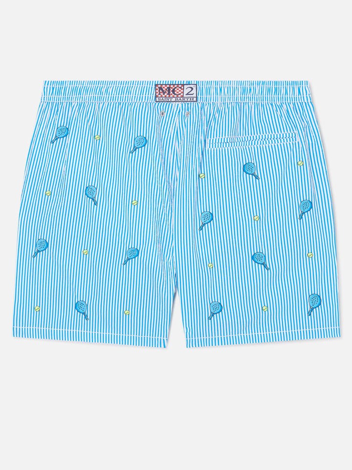 Gustavia seersucker striped swim shorts with embroidery