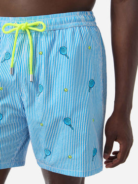 Costume mare Gustavia in seersucker a righe con ricami