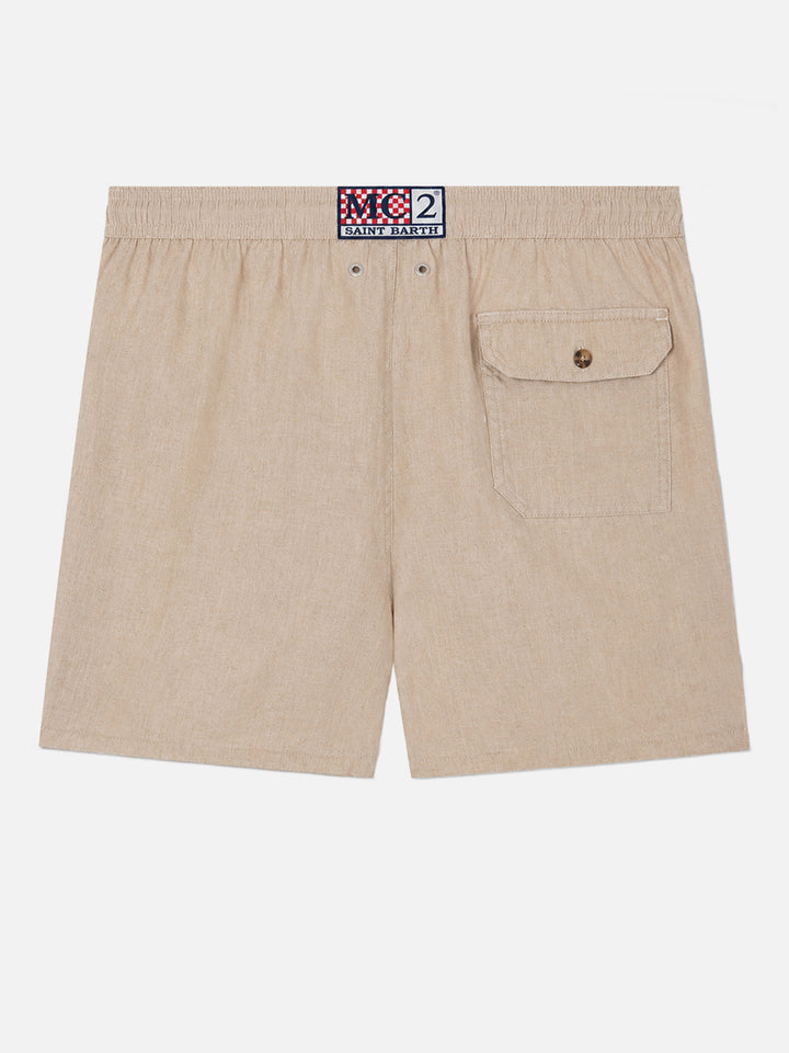 Mittellange beige Leinen-Badeshorts Gustavia