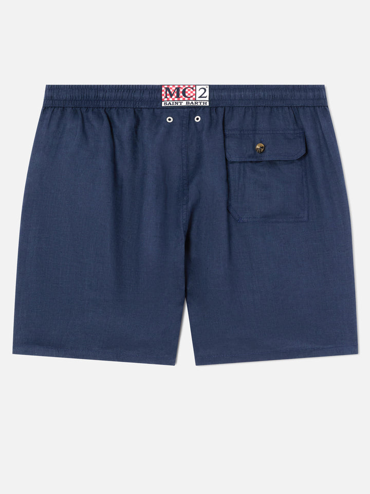 Gustavia blue plain-color linen swim shorts