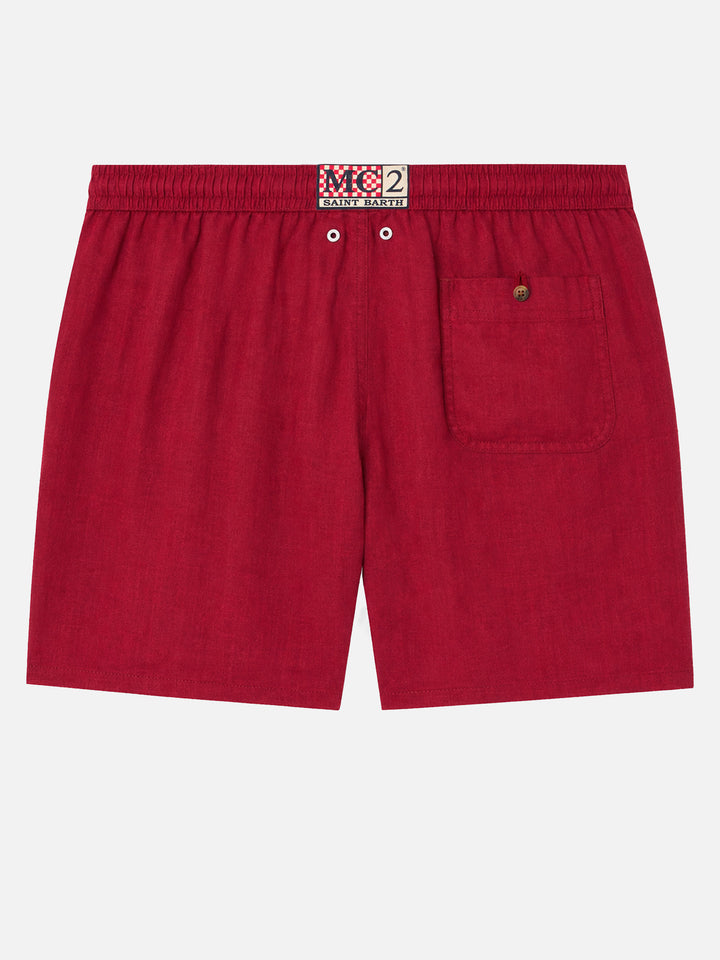 Gustavia burgundy plain-color linen swim shorts