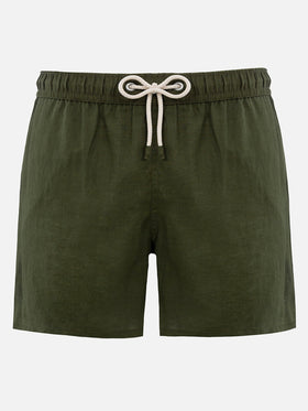 Costume da bagno da uomo di media lunghezza in lino verde militare Gustavia