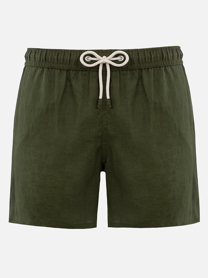 Costume da bagno da uomo di media lunghezza in lino verde militare Gustavia