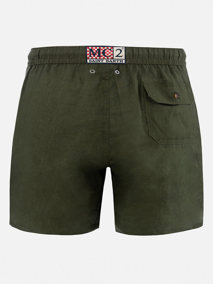 Costume da bagno da uomo di media lunghezza in lino verde militare Gustavia