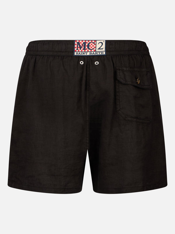 Man mid-length black linen swim-shorts Gustavia