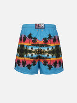 Man mid-length Gustavia swim-shorts with palms landscape placed print  |  AI CO-CREATED DESIGN BY RICKDICK - POWERED BY RED-EYE