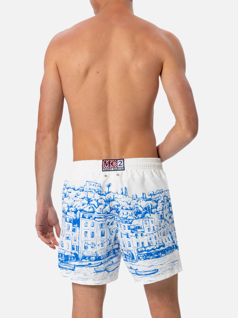 Man mid-length Gustavia swim-shorts with Portofino placed print