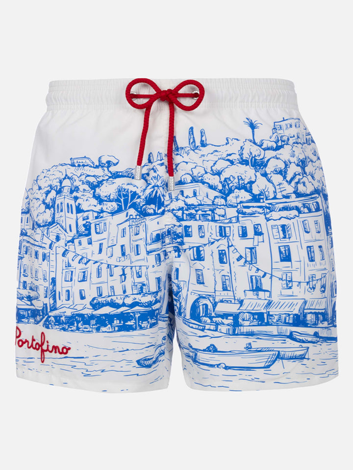 Man mid-length Gustavia swim-shorts with Portofino placed print