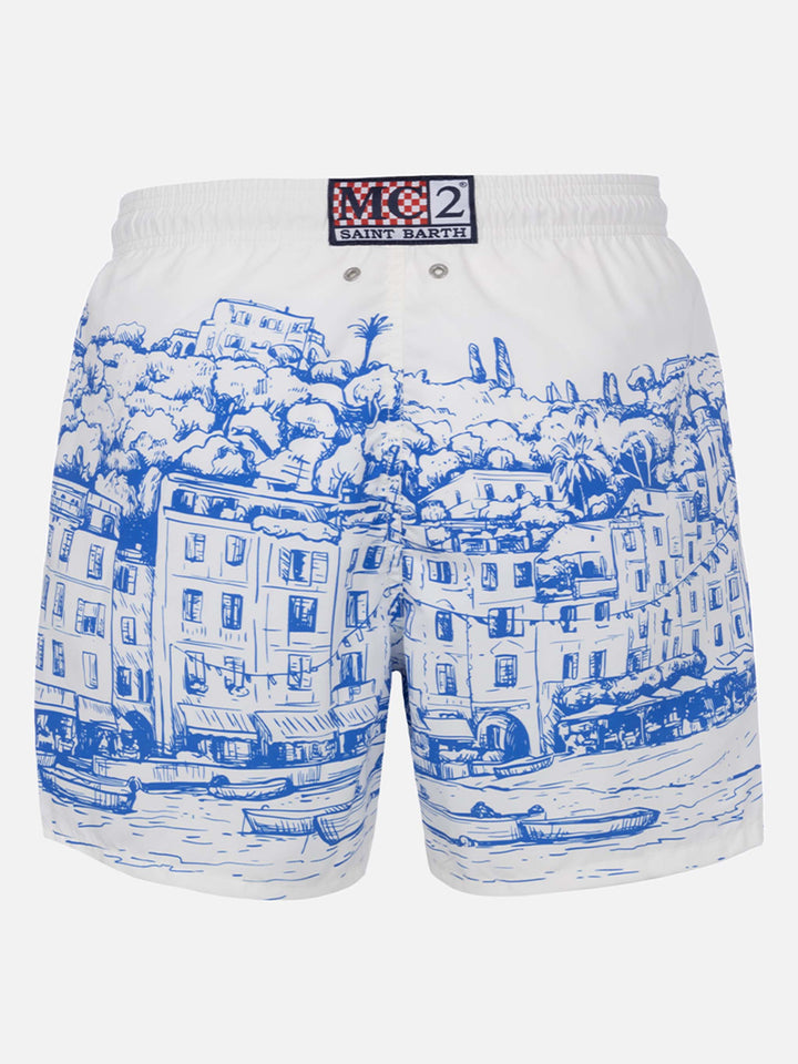 Man mid-length Gustavia swim-shorts with Portofino placed print