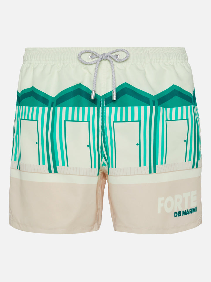 Mid-length Gustavia swim-shorts with Forte dei Marmi postcard placed print