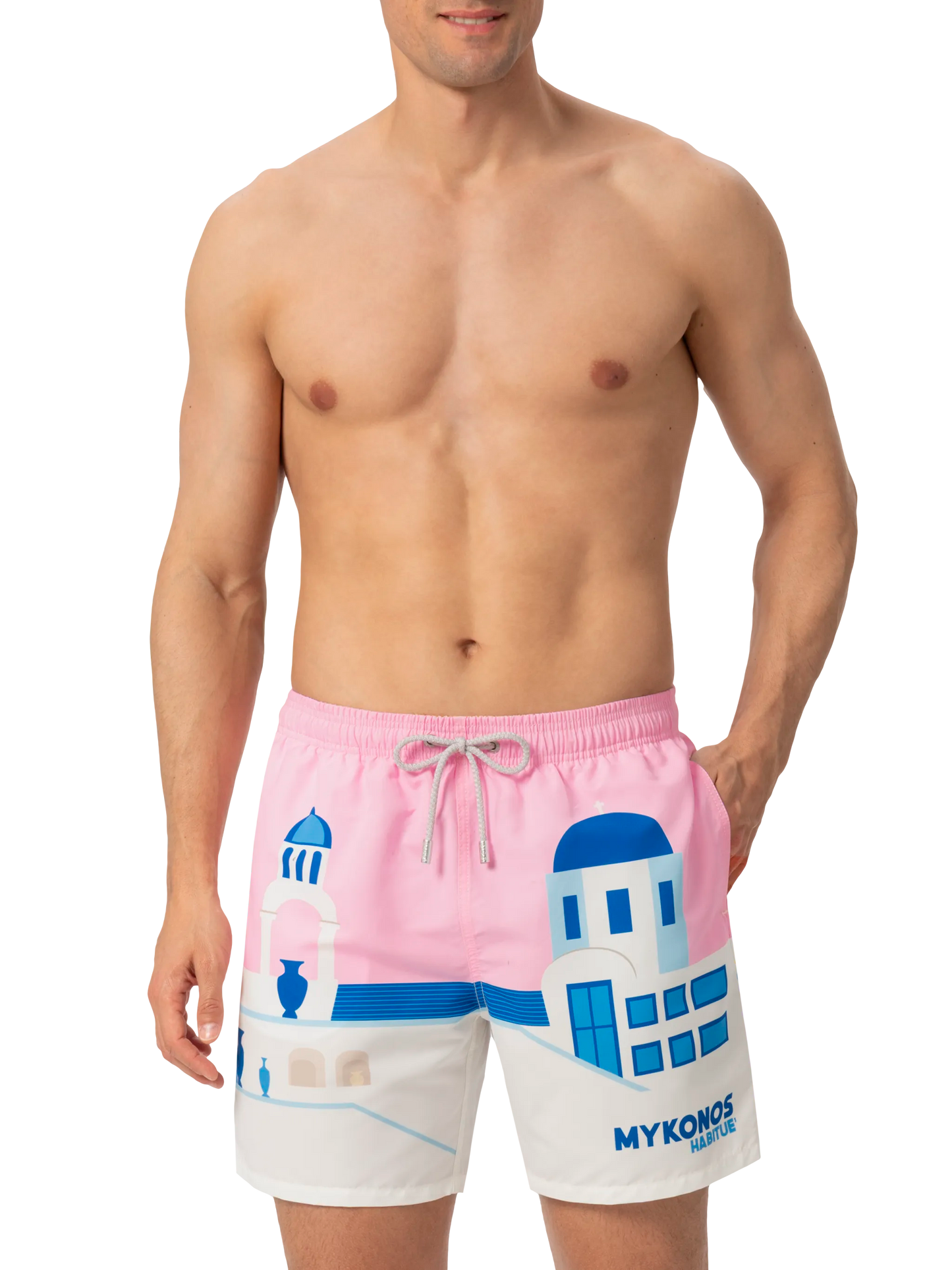 Mittellange Badeshorts Gustavia mit platziertem Mykonos-Postkartendruck