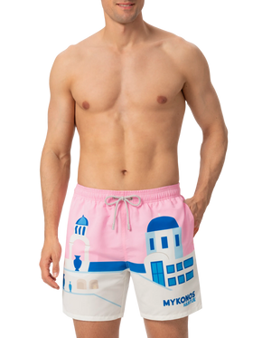 Mittellange Badeshorts Gustavia mit platziertem Mykonos-Postkartendruck
