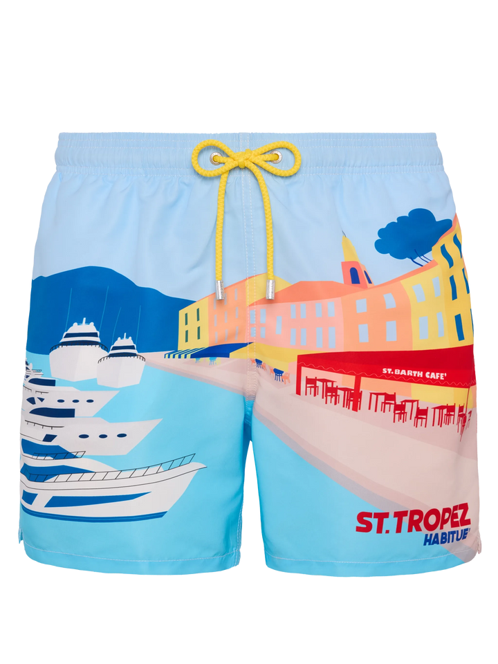 Mid-length Gustavia swim-shorts with St. Tropez postcard placed print