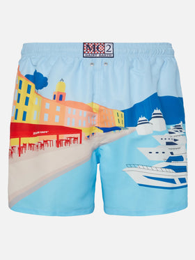 Mid-length Gustavia swim-shorts with St. Tropez postcard placed print