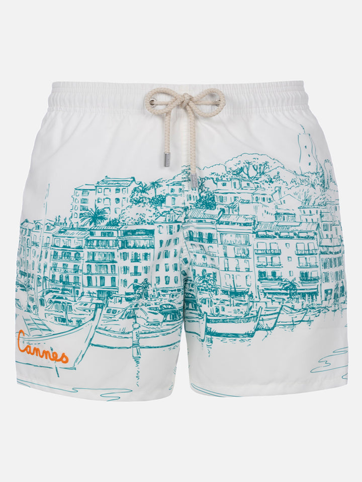 Man mid-length Gustavia swim-shorts with Cannes placed print