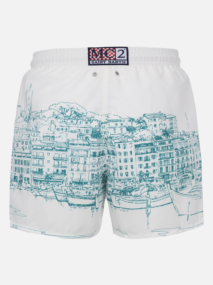 Man mid-length Gustavia swim-shorts with Cannes placed print