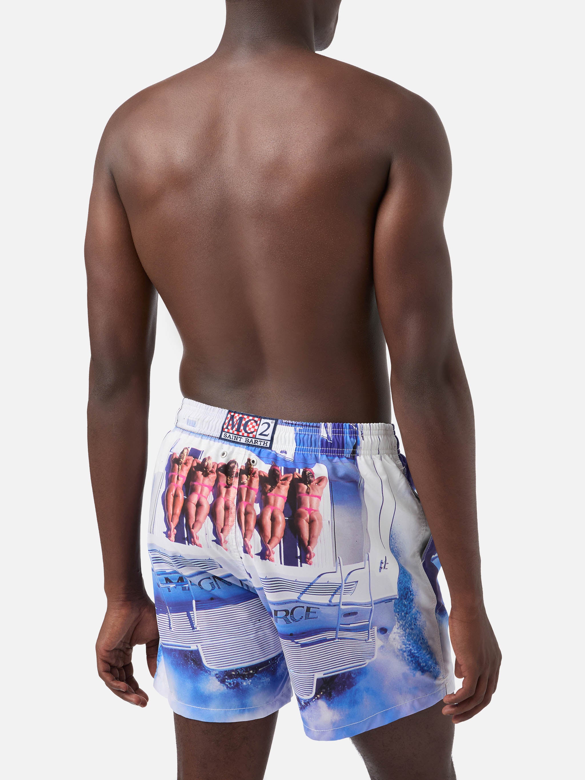 Man Gustavia Mid-Length Swim Shorts | Girls on Boat Placed Print