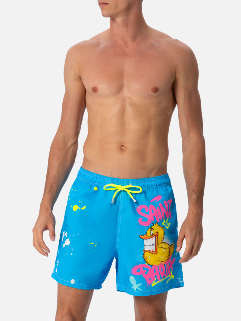 Man mid-length Gustavia swim-shorts with ducky Cryptopuppets placed print| CRYPTOPUPPETS SPECIAL EDITION