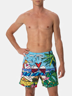 Man mid-length Gustavia swim-shorts with Britto design placed print  | ©BRITTO SPECIAL EDITION
