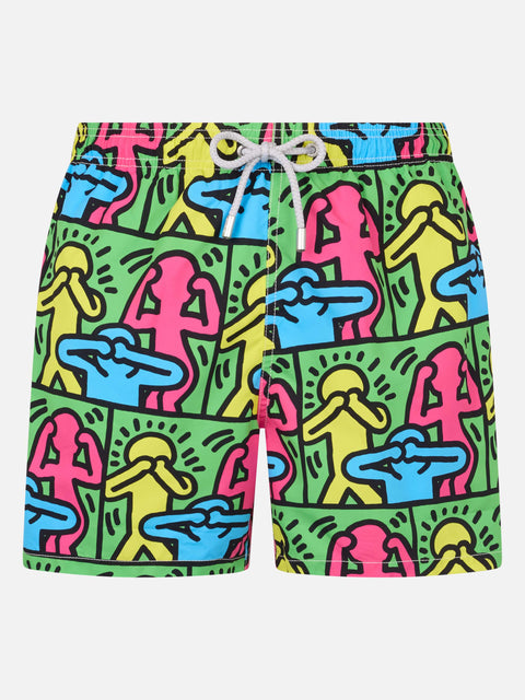 Man mid-length Gustavia swim-shorts with Keith Haring design placed print| KEITH HARING SPECIAL EDITION - MC2 Saint Barth