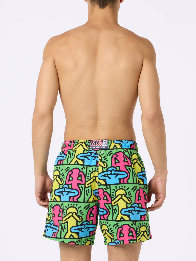 Man mid-length Gustavia swim-shorts with Keith Haring design placed print| KEITH HARING SPECIAL EDITION