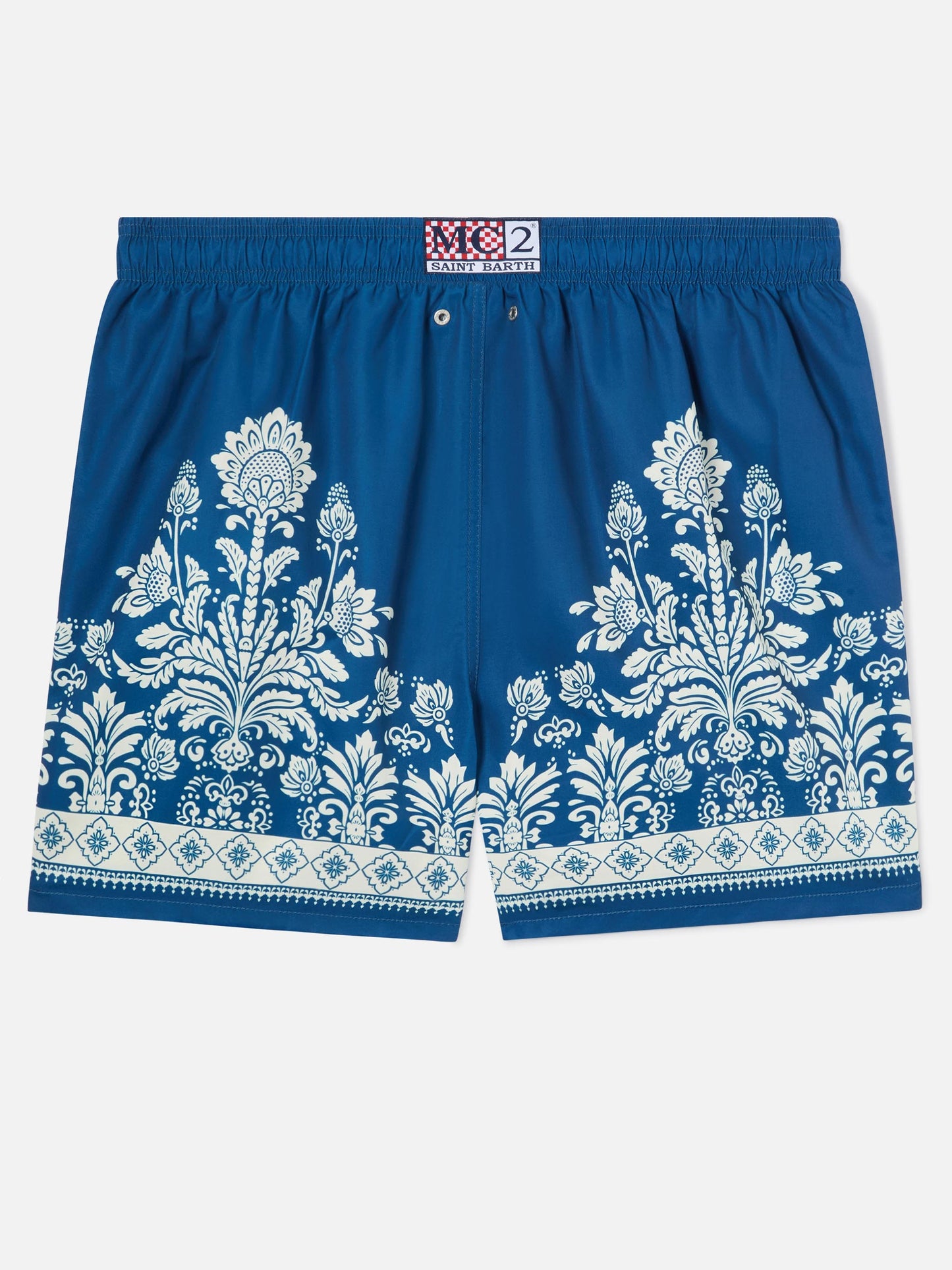 Blaue Badeshorts Gustavia mit ornamentalem Blumenprint 