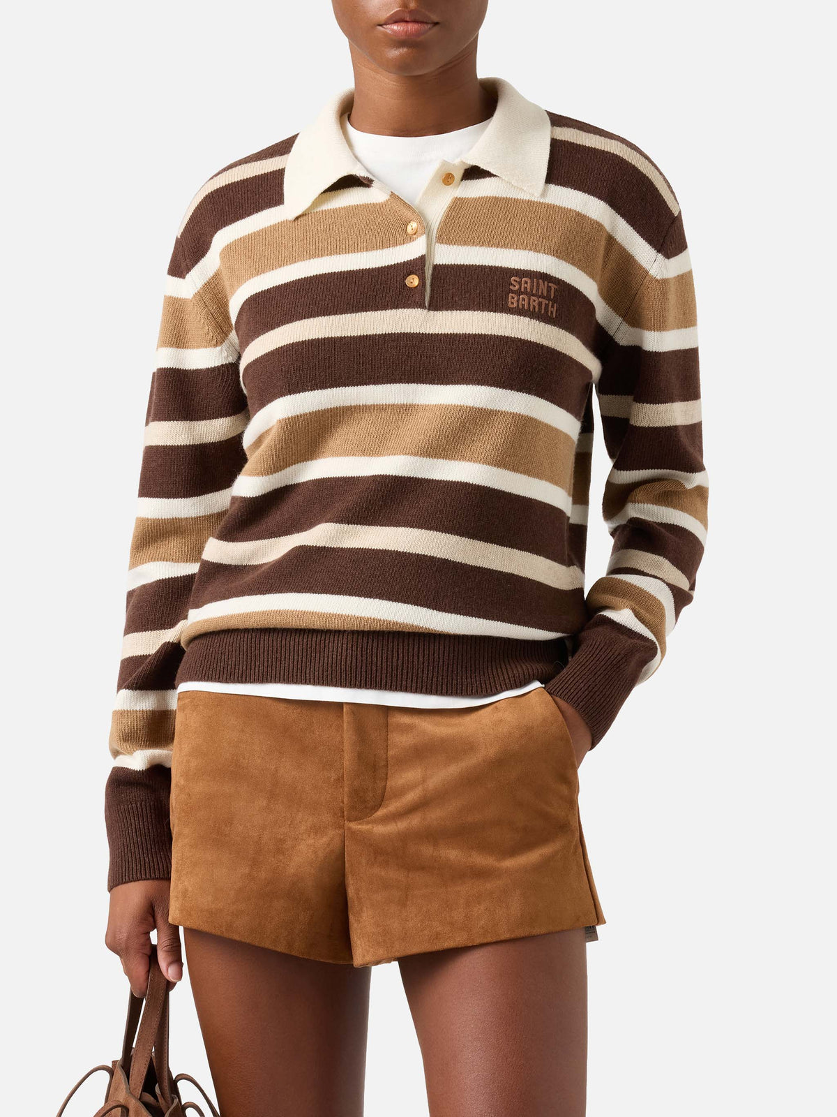 Pull Hadidy à col polo en mélange de laine et cachemire avec rayures multicolores 