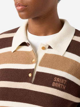 Pull Hadidy à col polo en mélange de laine et cachemire avec rayures multicolores 