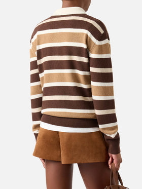 Pull Hadidy à col polo en mélange de laine et cachemire avec rayures multicolores 