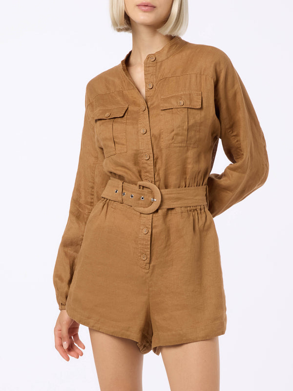 Woman camel linen playsuit Hanniel