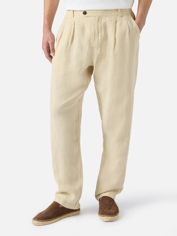 Beige Havier long long pants in pure linen