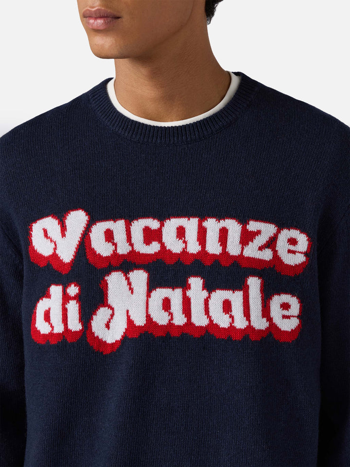 Blauer Pullover Heron mit Vacanze di Natale-Logo-Jacquard | VACANZE DI NATALE SONDERAUSGABE