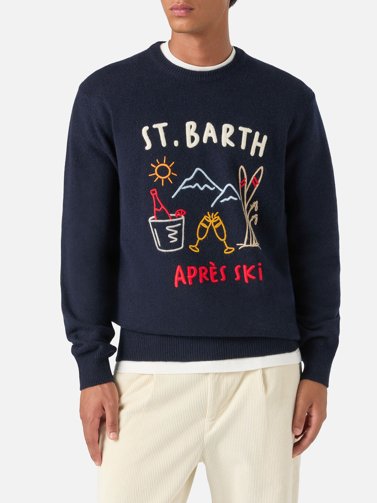 Navy blue Heron crewneck knit with Après Ski intarsia and embroidery