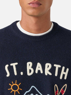Navy blue Heron crewneck knit with Après Ski intarsia and embroidery