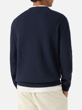 Navy blue Heron crewneck knit with Après Ski intarsia and embroidery