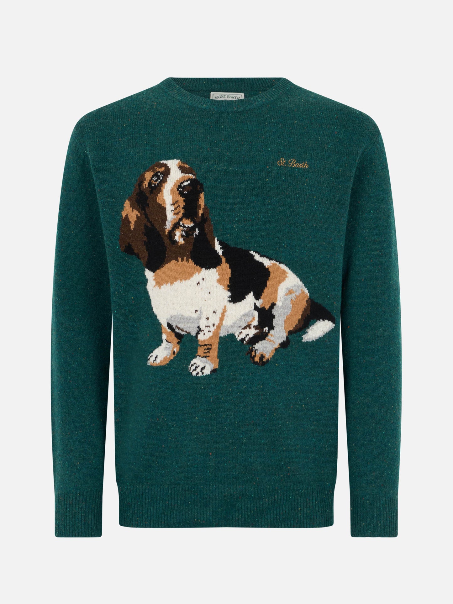 Man green sweater Heron with basset hound print