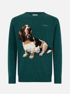 Man green sweater Heron with basset hound print