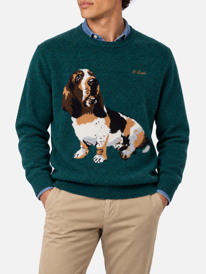 Dark green Heron donegal crewneck sweater with basset hound jacquard
