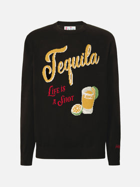 Schwarzer Heron-Pullover mit Rundhalsausschnitt und dem Jacquardmuster „Tequila life is a shot“
