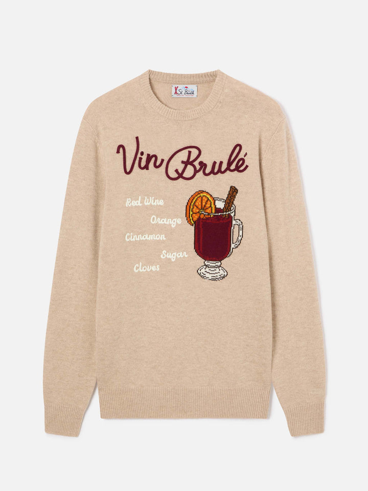 Pull ras-du-cou Beige Heron en maille avec intarsia et broderie Vin Brulé 