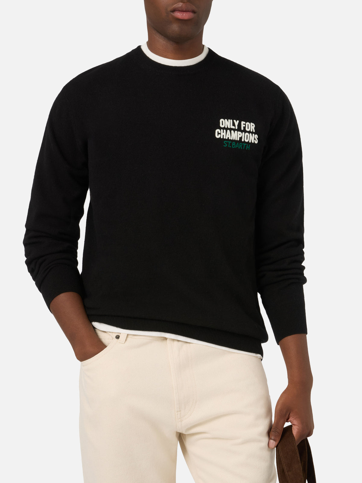 Maglia girocollo Heron nera con intarsio e ricamo Only For Champions sul retro