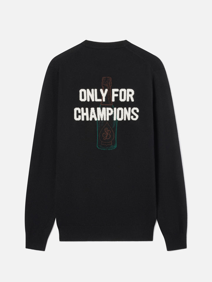 Schwarzer Rundhalspullover mit „Only For Champions“-Intarsie und Stickerei auf der Rückseite 