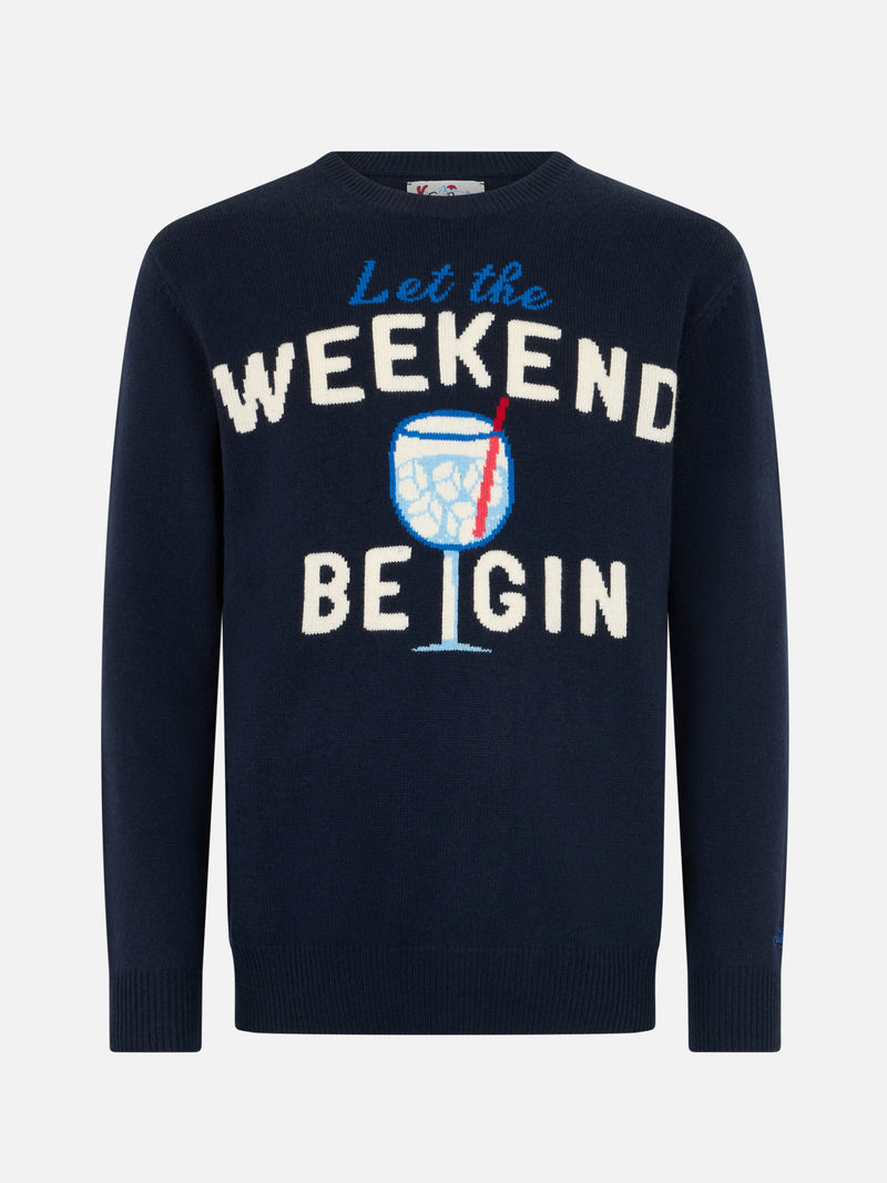 Maglione da uomo blu Heron con stampa Let the Weekend be gin