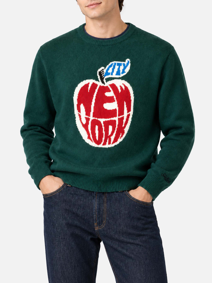 Dark green Heron sweater with New York apple jacquard