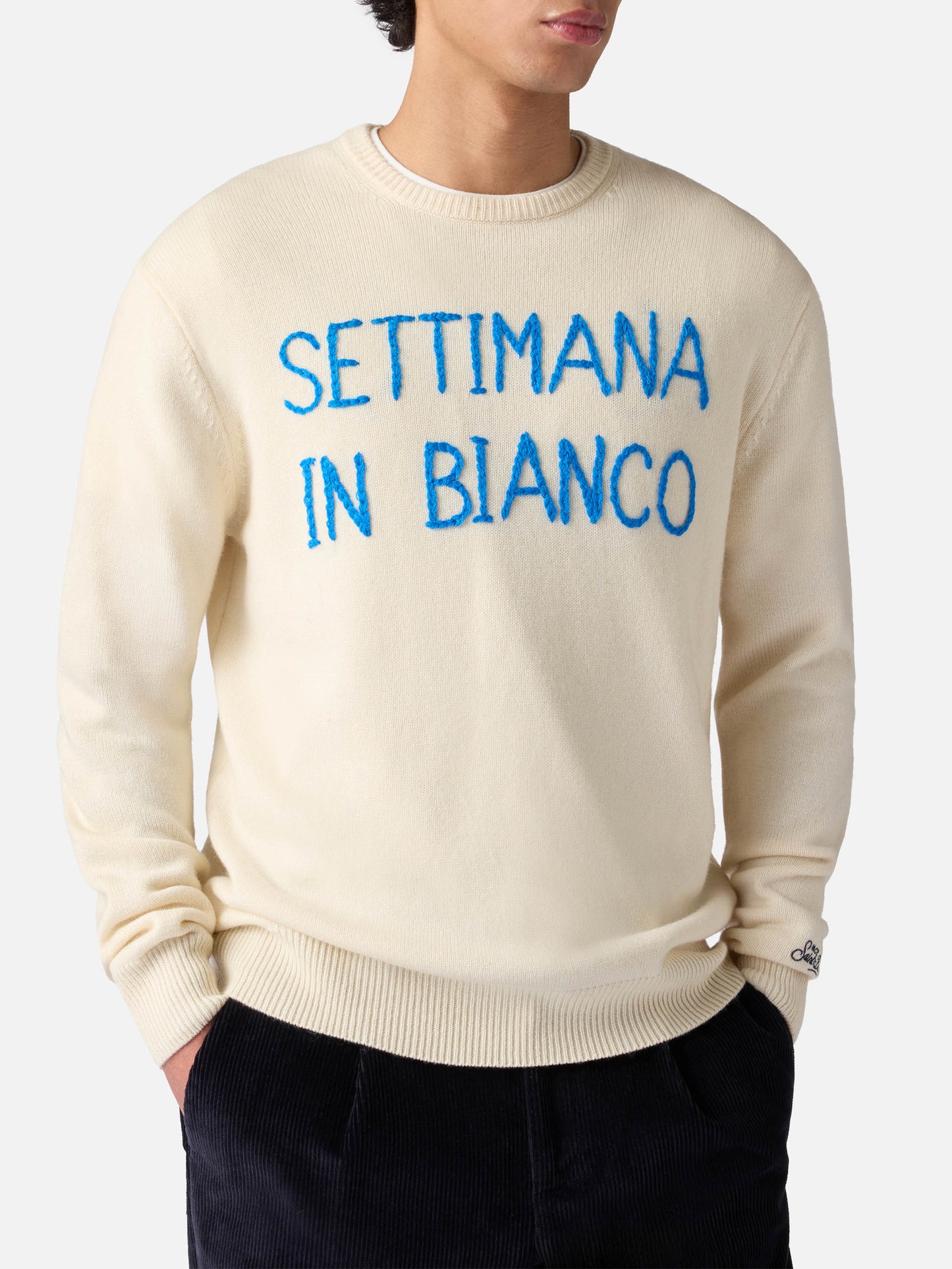 Maglione bianco da uomo con ricamo Settimana in bianco