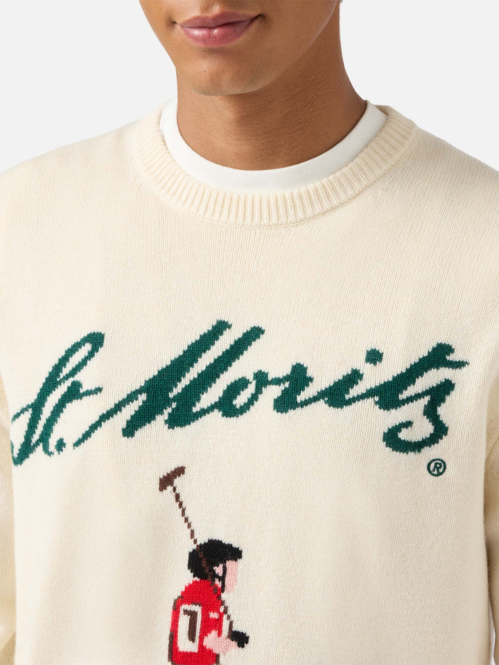 Maglione Heron bianco con jacquard St. Moritz Polo