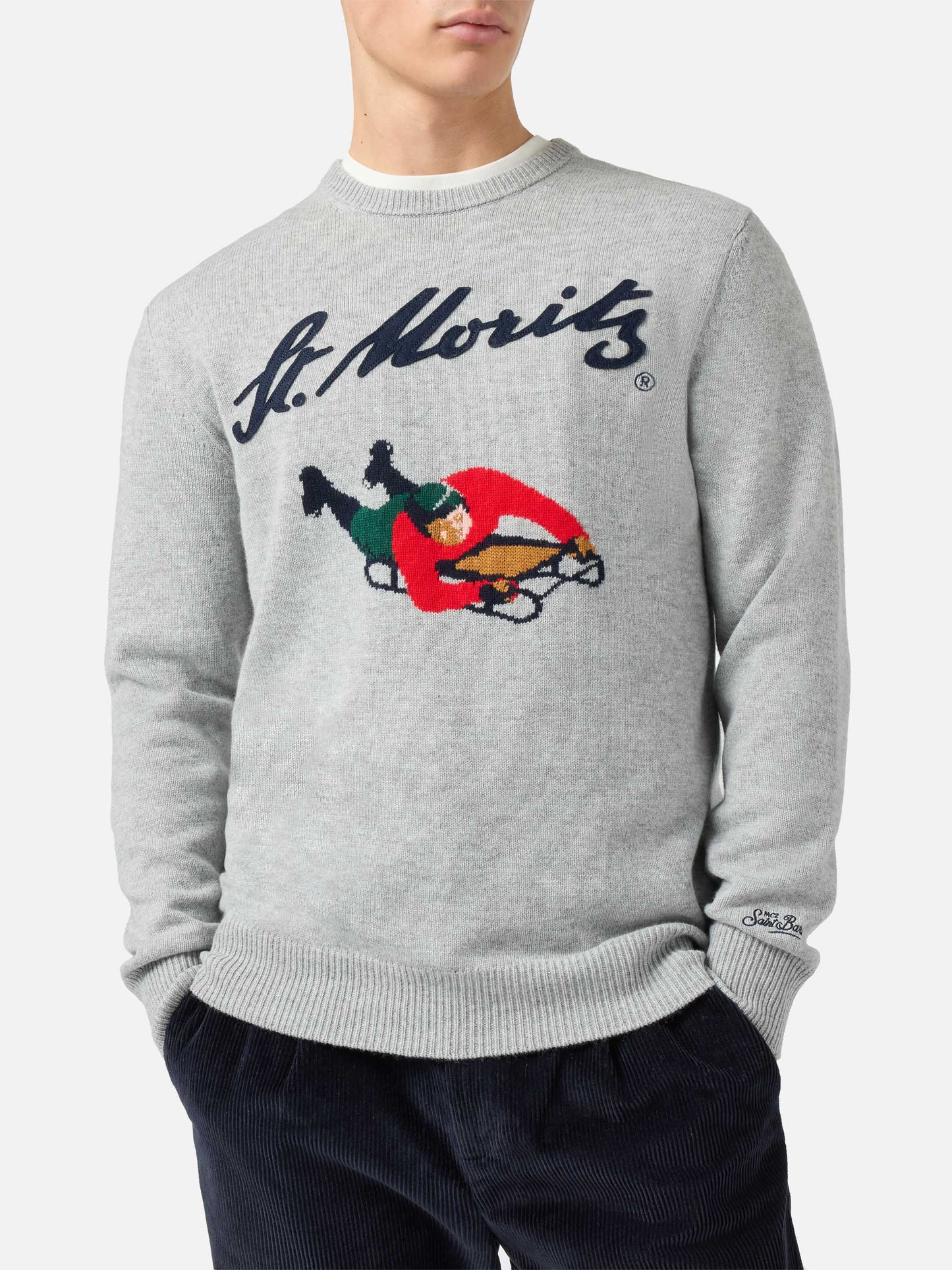 Grauer Heron-Pullover mit St. Moritz-Jacquardmuster und -Aufnäher | ST. MORITZ TOP OF THE WORLD SPECIAL EDITION